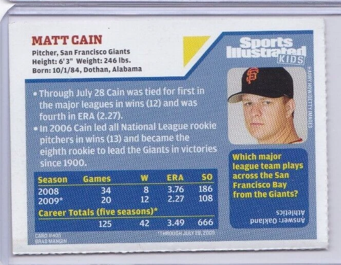 2009 Sports Illustrated for Kids Series 4 #405 MATT CAIN (IDO1) - Image 2 of 2