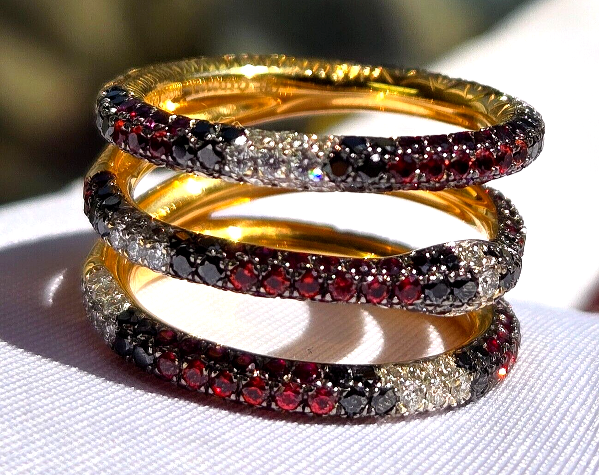 GUCCI 18K YELLOW GOLD OUROBOROS 3 ROW MULTI GEMSTONE DIAMOND RING