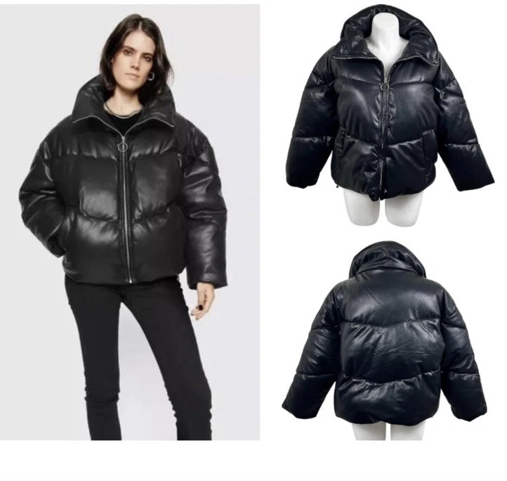 Rebecca Minkoff Black Puffer Oversized Faux Leather Full Zip Jacket Size: XL