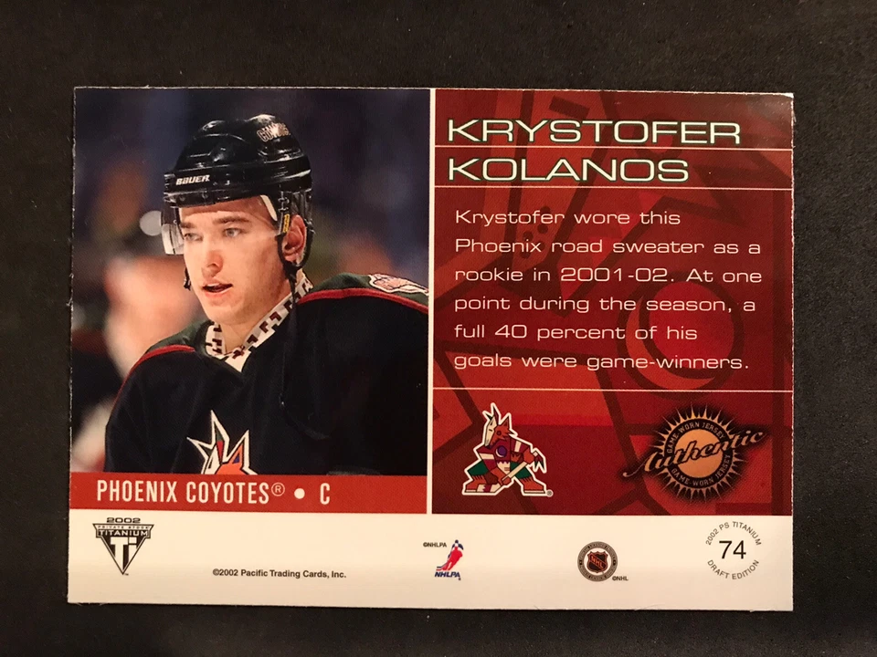 2001-02 Titanium Draft Day Edition Coyotes Hockey Card #74 Krystofer Kolanos Jsy - Image 2 of 2