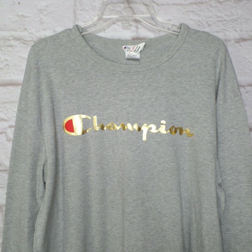 Champion Heritage Gold Foil Script Logo GREY Long Sleeve Crew Neck Shirt 2XL XXL - Picture 2 of 5