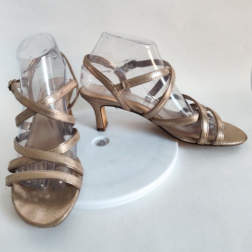 Nina Shimmery Gold Strappy 2" Sandals Open Toe Comfortable Prom 8.5 Leather Sole - Picture 7 of 10