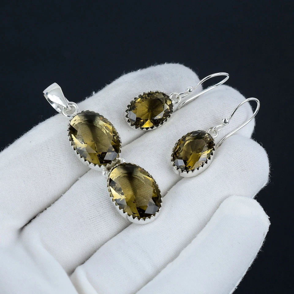 Juego de pendientes y colgantes de plata de ley 925 con piedras preciosas de topacio ahumado para regalos de amor Foto 3 de 4