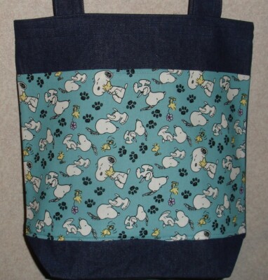 NEW Medium Denim Tote Bag Handmade/w Snoopy Woodstock Blue Background Fabric