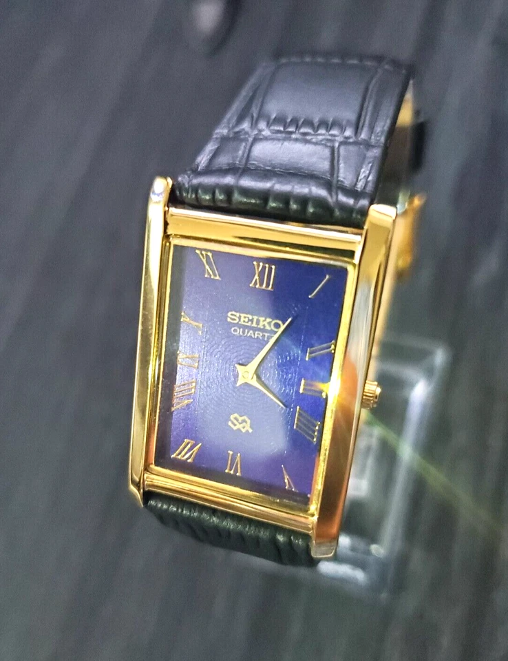 Reloj de vestir vintage Tank para hombre esfera azul tanque cuero negro nuevo Mvt * Batt- Foto 2 de 4