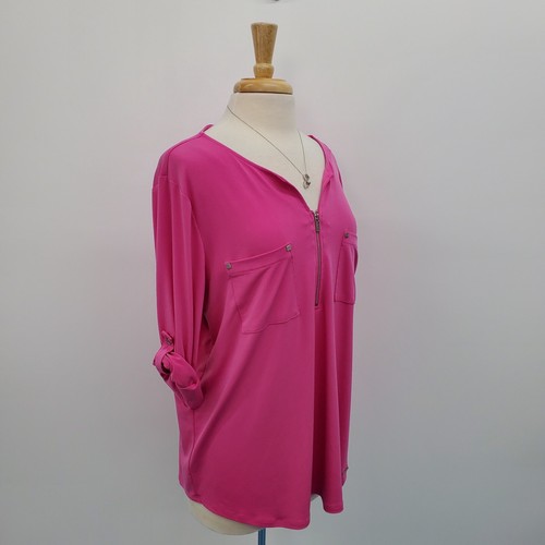 Ellen Tracy Womens Pink 1/4 Zip Split Neck Blouse Top Size XL Roll Tab Sleeve - Picture 2 of 15