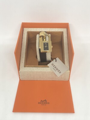Estate HERMES Kelly Watch Gold Padlock Black Leather  display picture 3