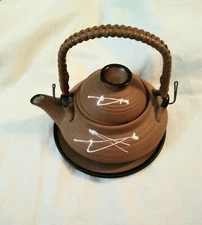 4-piece Cast Iron Tea Set - pot, lid, plate, and cup brown Unused Small 4.5"
