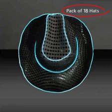 LED Flashing Black EL Wire Sequin Cowboy Party Hat - Pack of 18 Hats