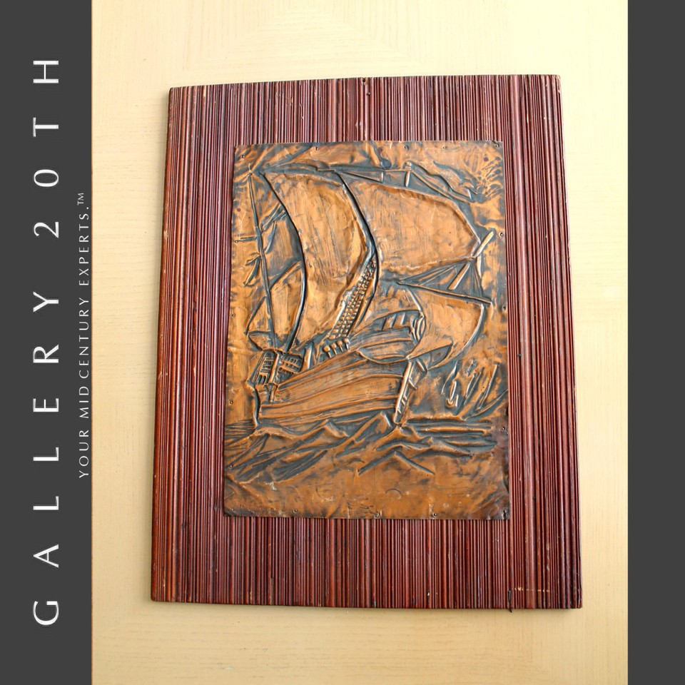 A hand-hammered copper ship wall sculpture from the 50s/60s — artisan-made, one-of-a-kind, and the kind of piece that anchors an entire room.
