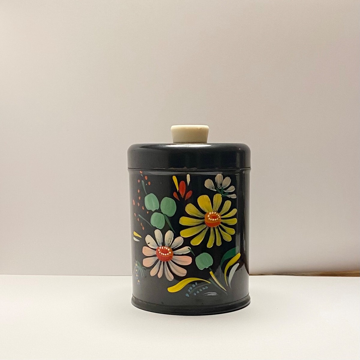 Ransburg Canister set metal hand painted flowers black tin