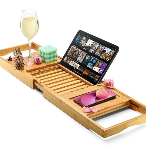 Luxury Foldable Bathtub Tray Caddy Waterproof Wooden Bath Organizer For Wine Boo - Picture 6 of 9