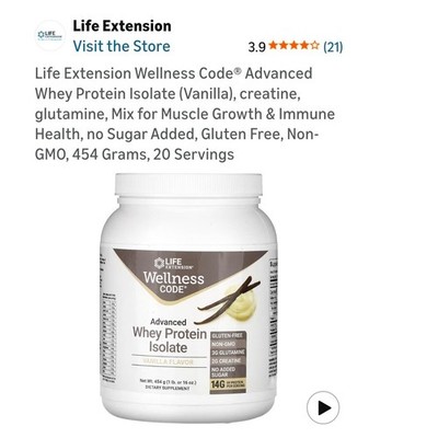 Life Extension Advanced Whey Protein Isolate Vanilla Creatine Glutamine