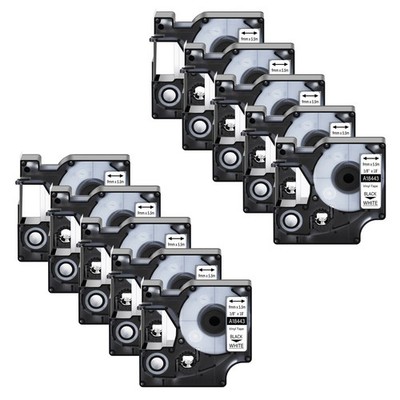 10PK 18443 Black on White IND Vinyl Labels Tape 3/8'' for DYMO Rhino 6000 4200
