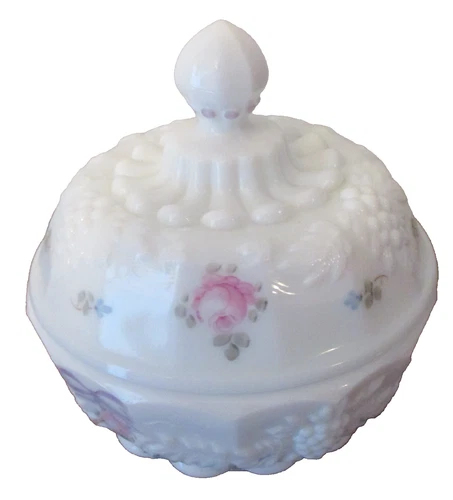 Westmoreland Vintage Milk Glass Pink Roses/Bows Covered Candy Dish Hand-Painted
