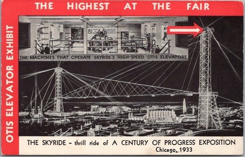 Chicago Weltausstellung Postkarte "The Skyride" Otis Elevator Ausstellung / 1933 Abbrechen