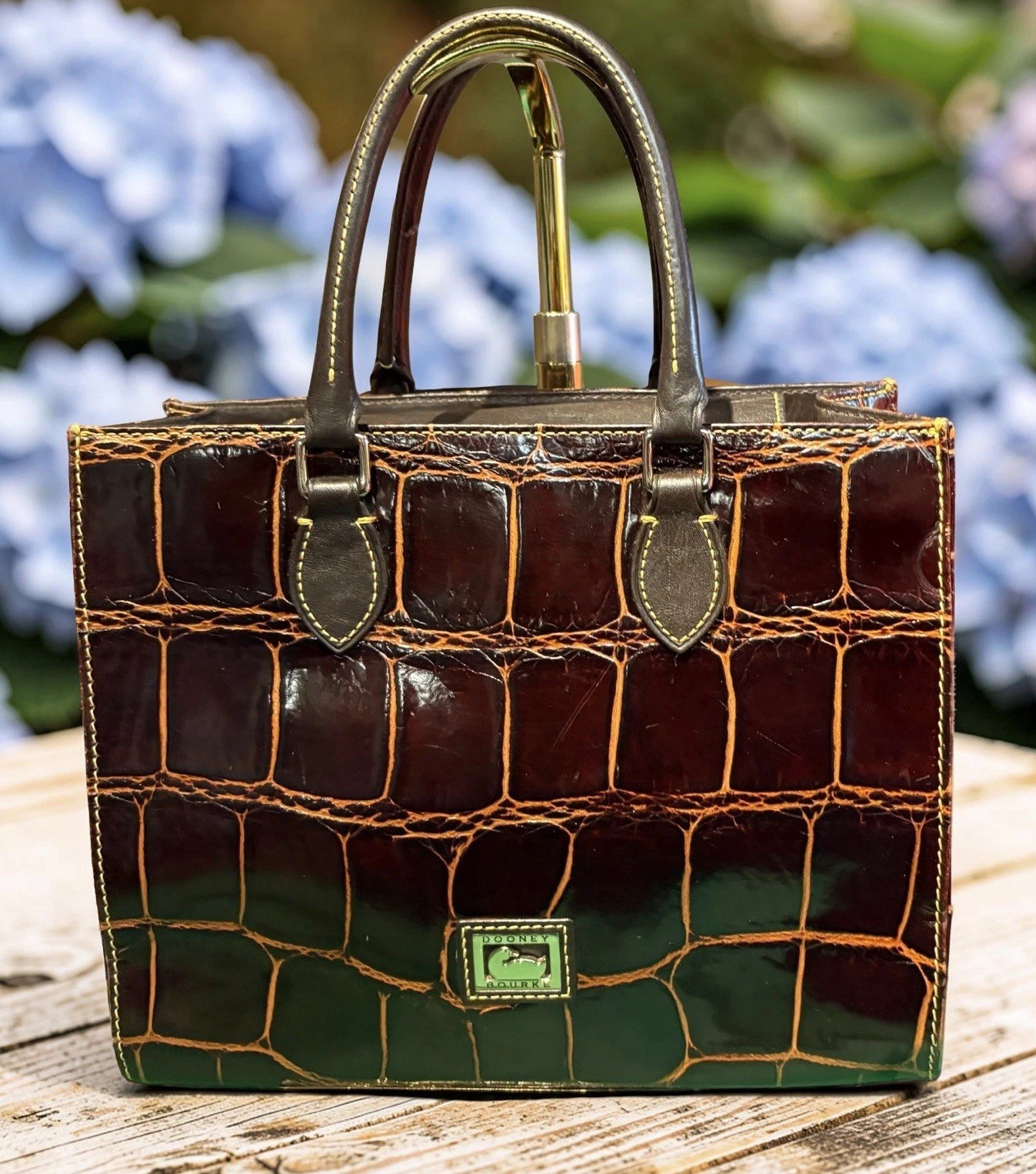 Dooney Bourke Dark Brown Exotic Croco Embossed Leather Janine Satchel Bag Purse