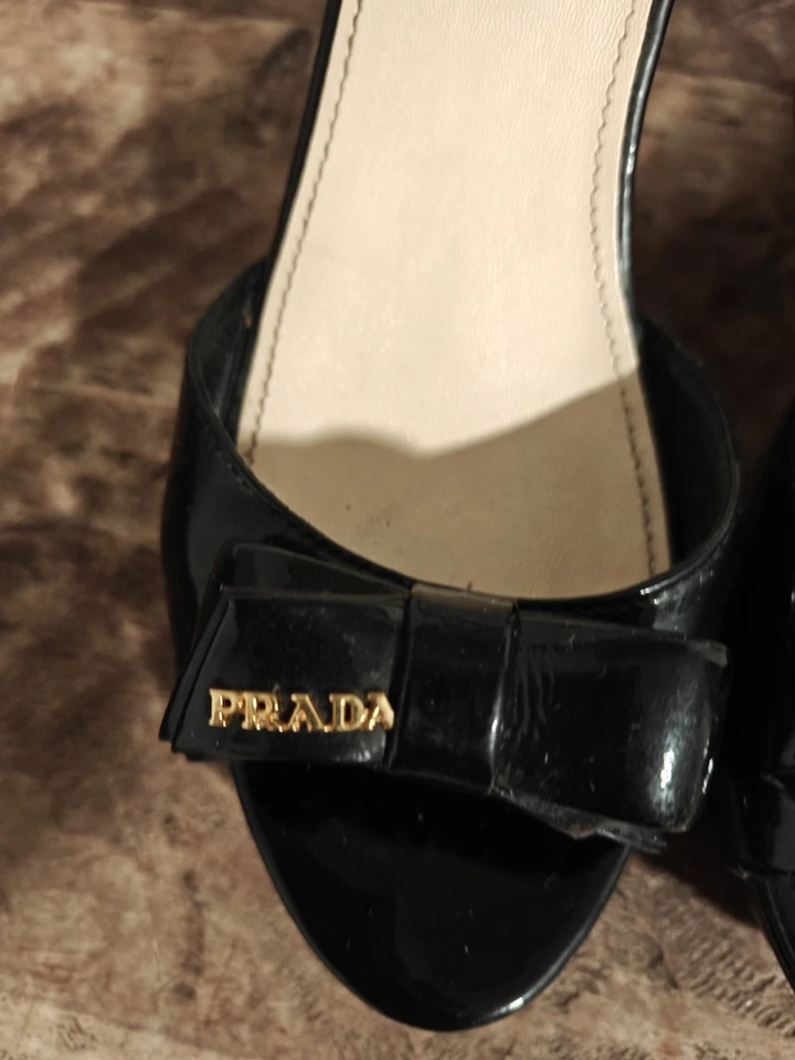 Prada black patent wedge sandals Gold Tone Accents size 38 Ankle Strap - Image 4 of 4