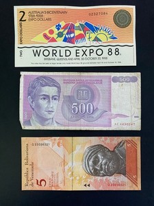 World Banknote Lot Australia Expo 88 Yugoslavia 500 Dinara Venezuela 5 Bolivares