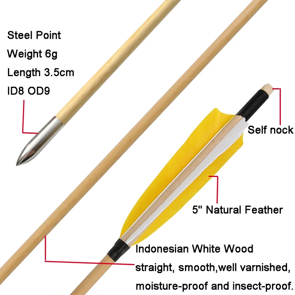 32" Archery Wooden Arrows 5" Feather Field Tips Traditional Bow Longbow Hunting - Image 4 of 4