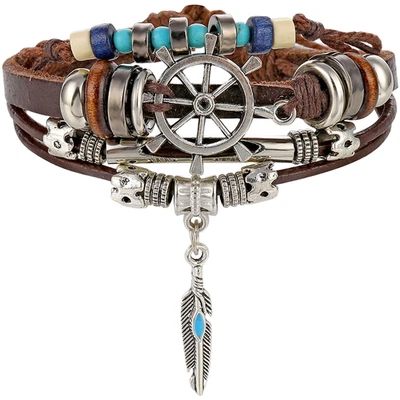Pour bracelet en cuir perlé tressé avec motif corde à feuilles unisexe fait m - Photo 1/4