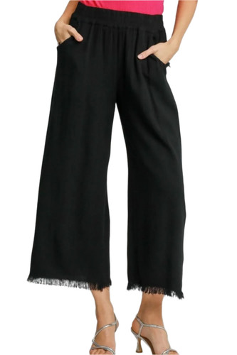 Pantalones de pierna ancha con cintura elástica de mezcla de lino negro - Imagen 2 de 3