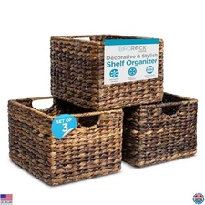 BIRDROCK HOME Woven Storage Shelf Organizer Baskets with Handles - Set of 3 -