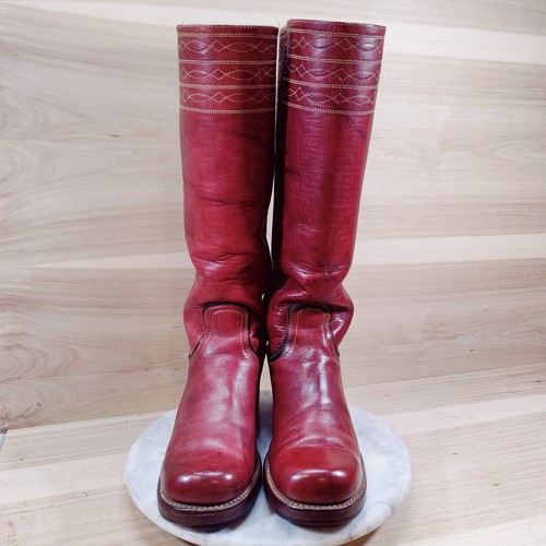 Vtg 70s Frye Campus Tall Boots Women 8.5 B Red Oxeblood Square Toe BLACK LABEL - Picture 4 of 15