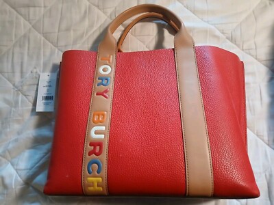 Tory Burch Leather Color Block 3 Comp Purse Tote Bag Brilliant Red