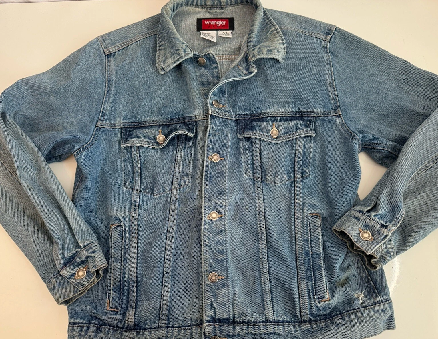Vintage 90s Wrangler Hero Denim Jacket Men's Large Blue Jean Pockets Buttons