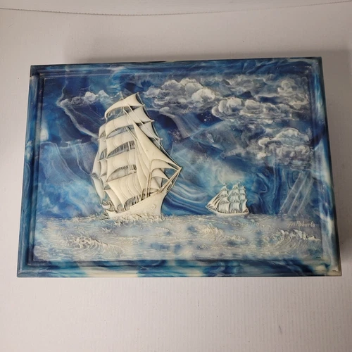 Genuine Incolay Stone Jewelry Box Blue Nautical Ship Handcrafted USA Signed VTG