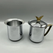 Vintage Kromex Creamer & Sugar Set Gold Tone Handles Mid Century Modern