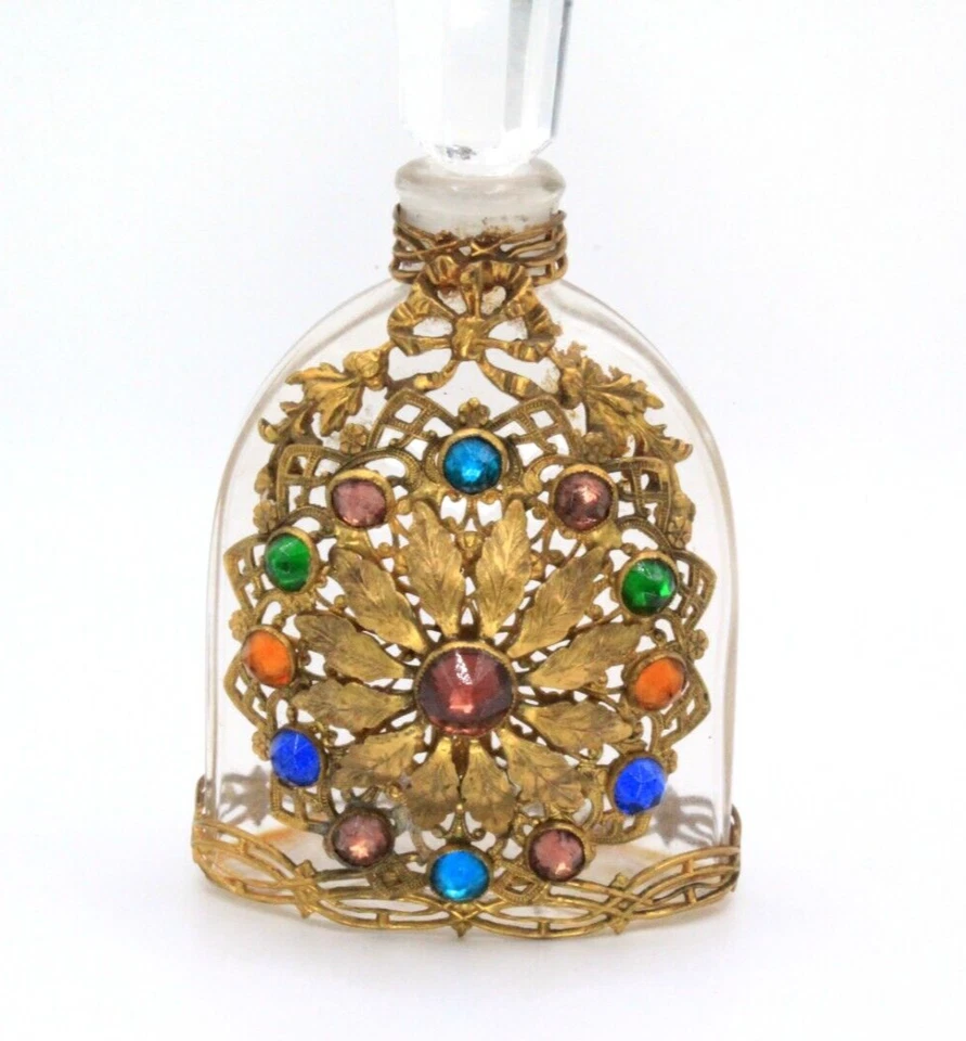 Antigua botella de perfume victoriana checa multicolor adornada con joyas Foto 3 de 4