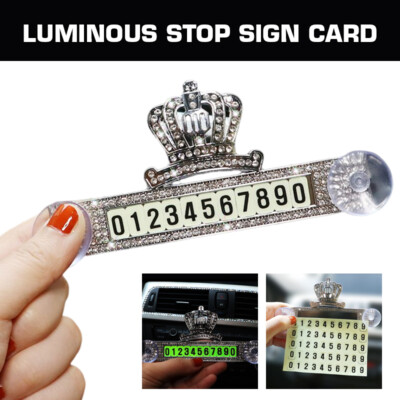 Shiny Car Crown Rhinestone Phone Number Card Plate Temporary Park Fluorescent