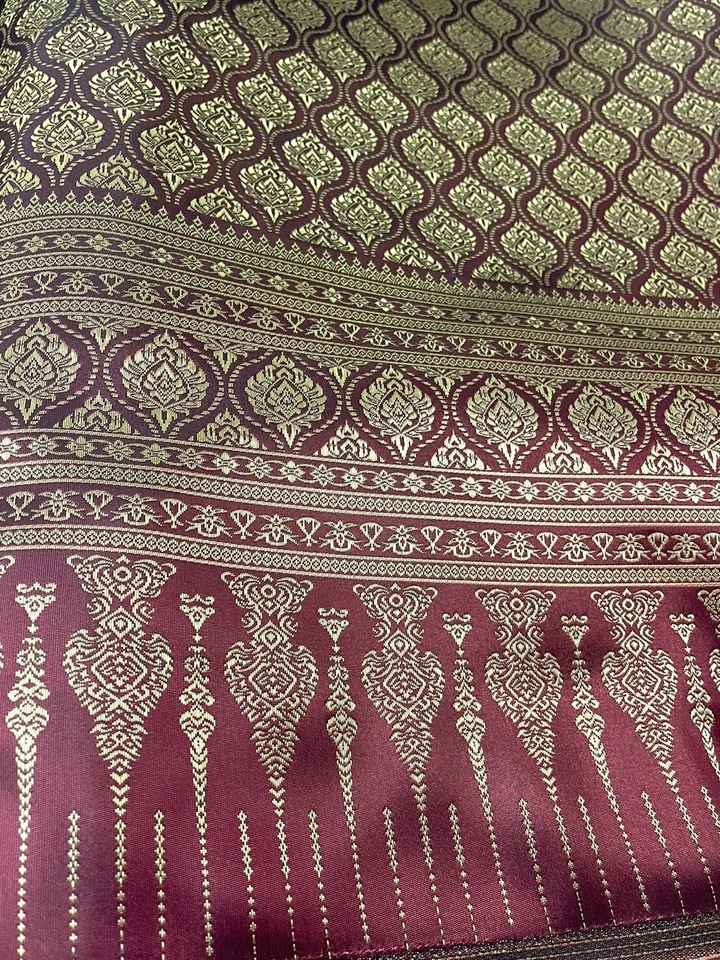 40" Burgundy Thai Silk Traditional Fabric  Damask Pattern Wedding Dress Drape  - Image 2 of 4
