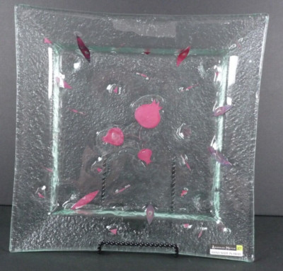 Fused Glass Art Decorative Dish Andreas Meyer Square Pomegranates Bubbles Purple