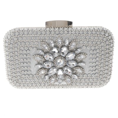 Silver Tone Fashion Satin Fabric Clutch Evening Bag With Rhinestone TLX201-SIL