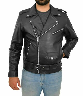 Men's Leather Motorcycle Jacket Biker Genuine Lambskin Belted Stylish Black Coat