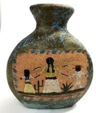 Folk Art Vase Tonala Sandstone Pottery Woman with Children Primitive Mexico