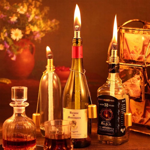 Wine Bottle Tiki Torch Kit 4 Pack Light Includes Long Life Wicks Holder Caps - Picture 10 of 12