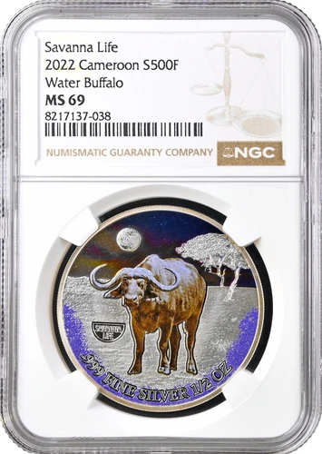 Cameroon 500 francs 2022, NGC MS69, "Savanna Life - Water Buffalo" Top Pop 1/0