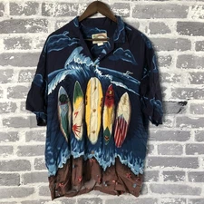 Paradise Found Shirt Mens Large Blue Surfboards Hawaiian Rayon Button Down Wave