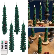 4PCS Christmas Tree Flameless Taper Candles Green with Remote Timer 3D Wick HOT