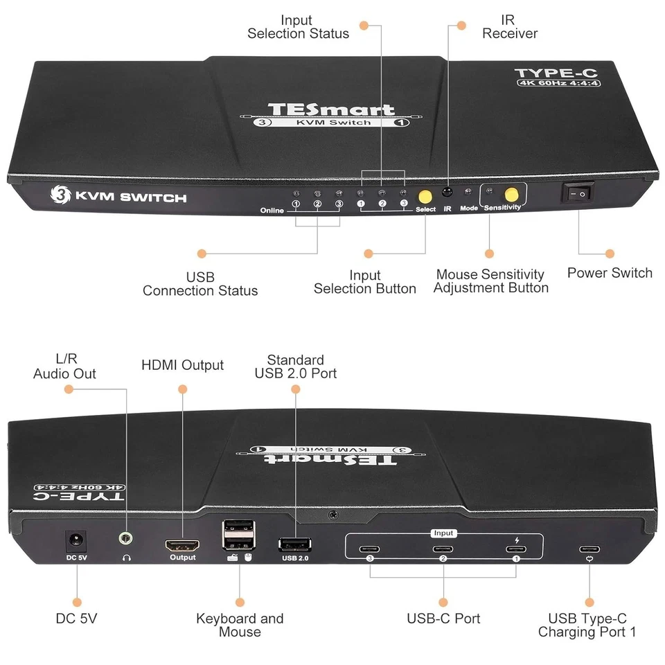 3 Port USB Type C KVM Switch 4K@60Hz 4:4:4 Ultra HD | 3x1 USB C KVM-Umschalte... - Bild 3 von 4
