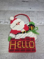 Vtg Canvas Yarn Needlepoint Santa Face Cheery Christmas Ornament Wall 7" 281b