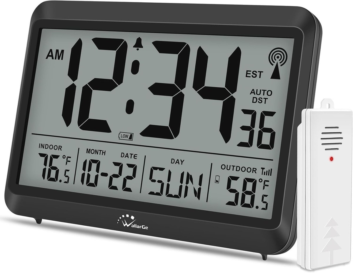 Modern Atomic Wall Clock - Self-Setting, Indoor Outdoor Temp | eBay