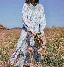 Zara NWT Printed Rustic Smocked High Neck Floral Midi Dress, Size S