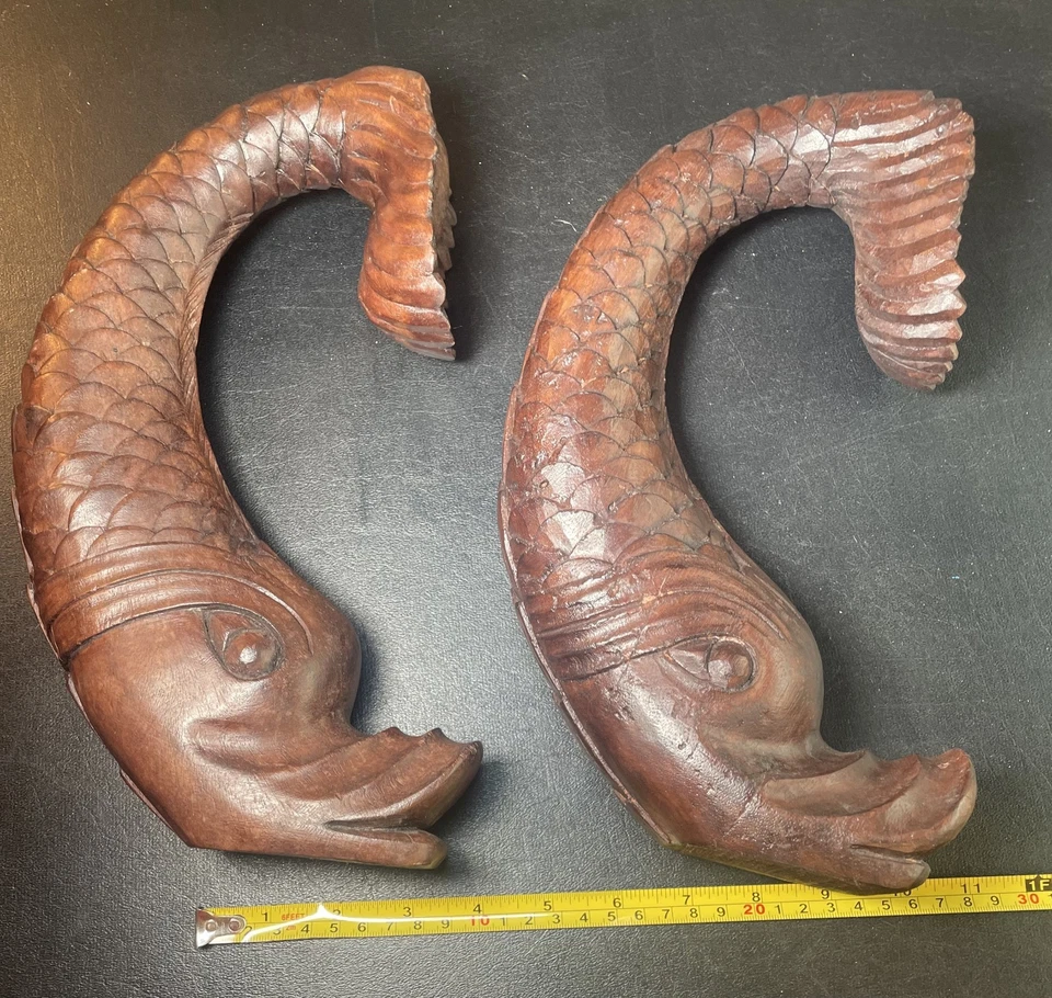 Pair of Antique Koi Fish Carved Wood Chair Embellishments Furniture Restoration - Image 4 of 4