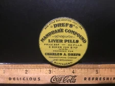 Vintage Drefs Mandrake Liver Pills Medicine Drug Store Advertising Tin.