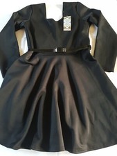 Boohoo Black Long Sleeve Belted Skater Dress uk 14